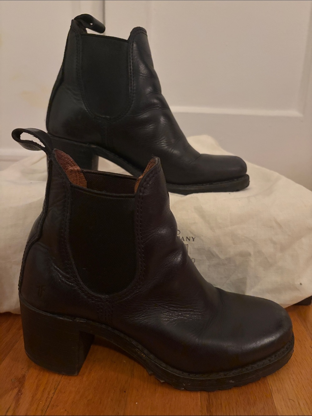 Frye Black Leather Chelsea Booties with Block Heel